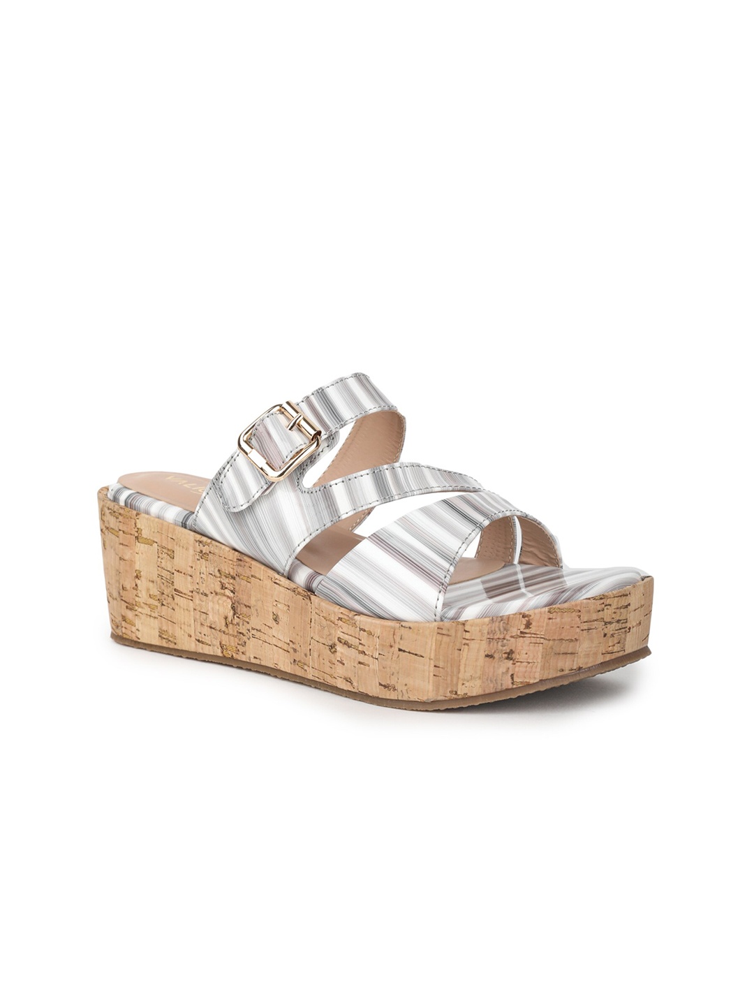 

VALIOSAA Striped Platform Heels With Buckles, Grey