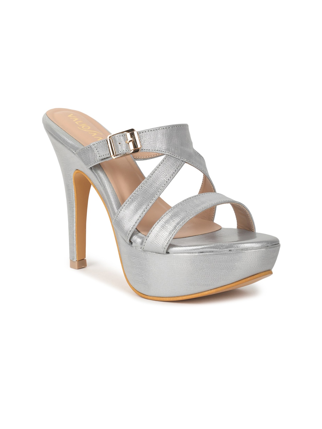 

VALIOSAA Textured Party Stiletto Heels with Buckles, Silver
