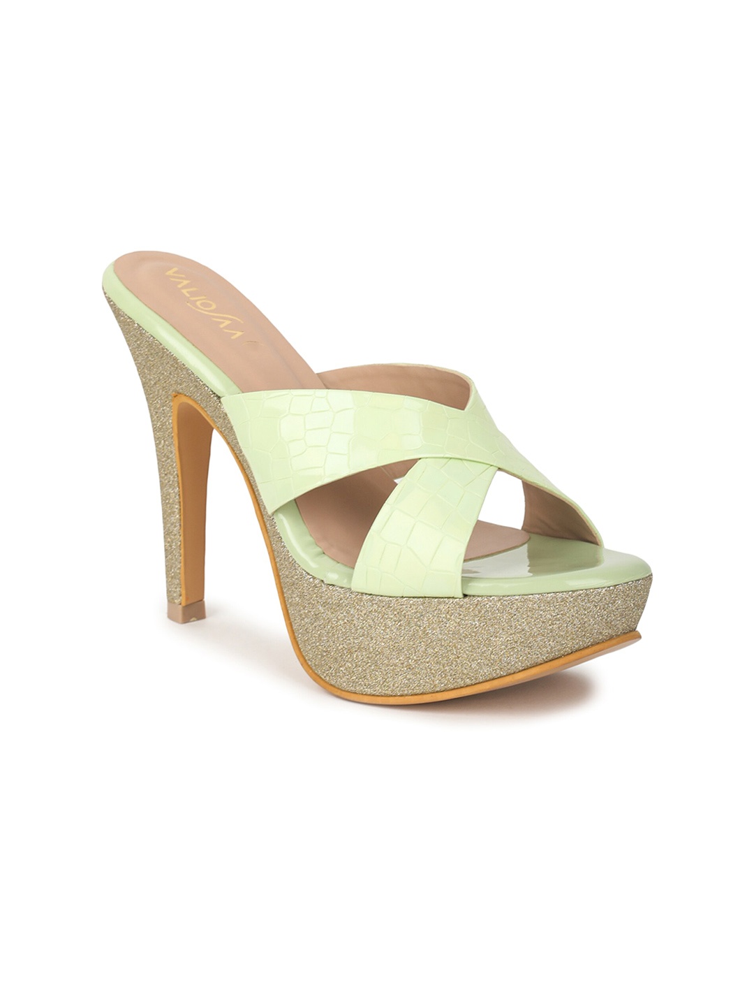 

VALIOSAA Textured Open Back Slim Heels, Green