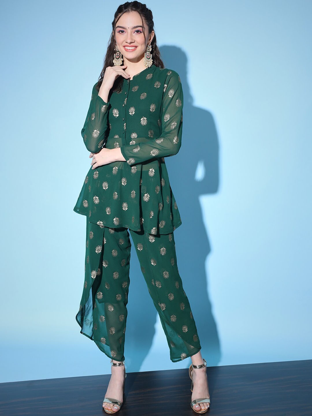 

Aayna Ethnic Motifs Printed Band Collar Kurta with Dhoti Pants, Green