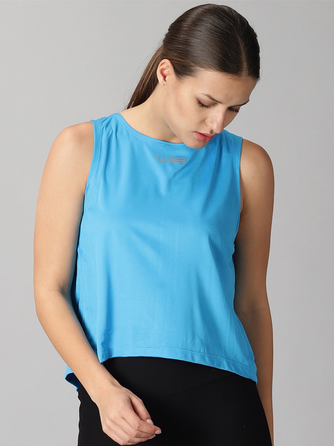 

Wildbrocket Boat Neck Back Slit Anti Odour Slim Fit Cropped Sports T-shirt, Blue