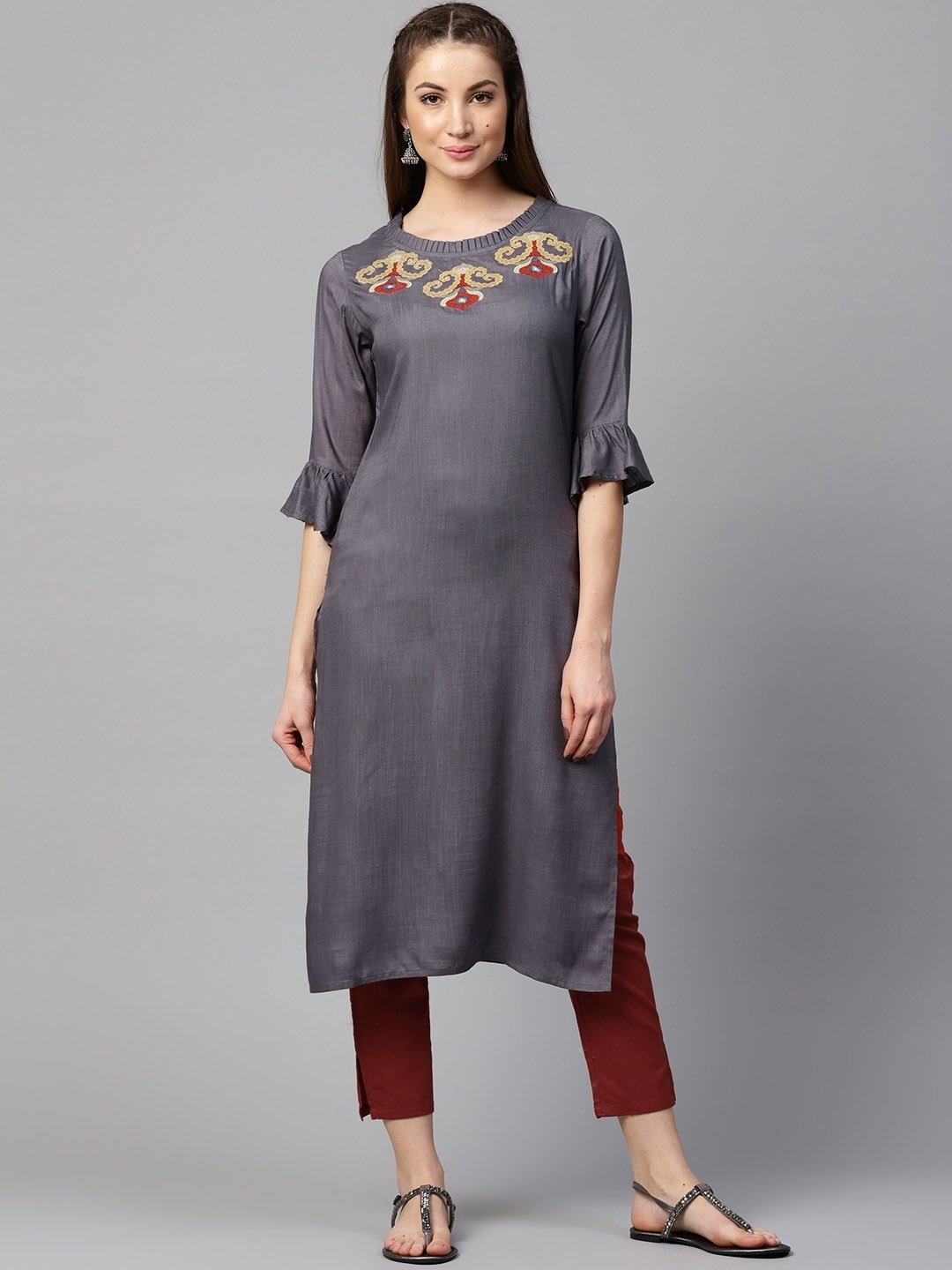 

Yufta Women Embroidered Bell Sleeve Thread Work Kurta with Trousers, Grey