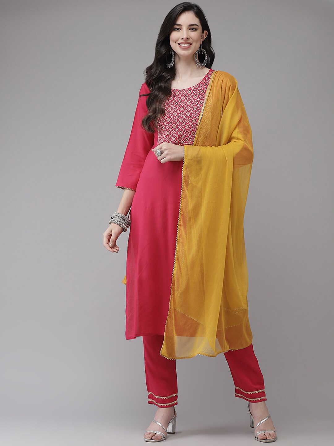 

Yufta Women Ethnic Motifs Yoke Design Round Neck Gotta Patti Kurta with Trousers & Dupatta, Pink
