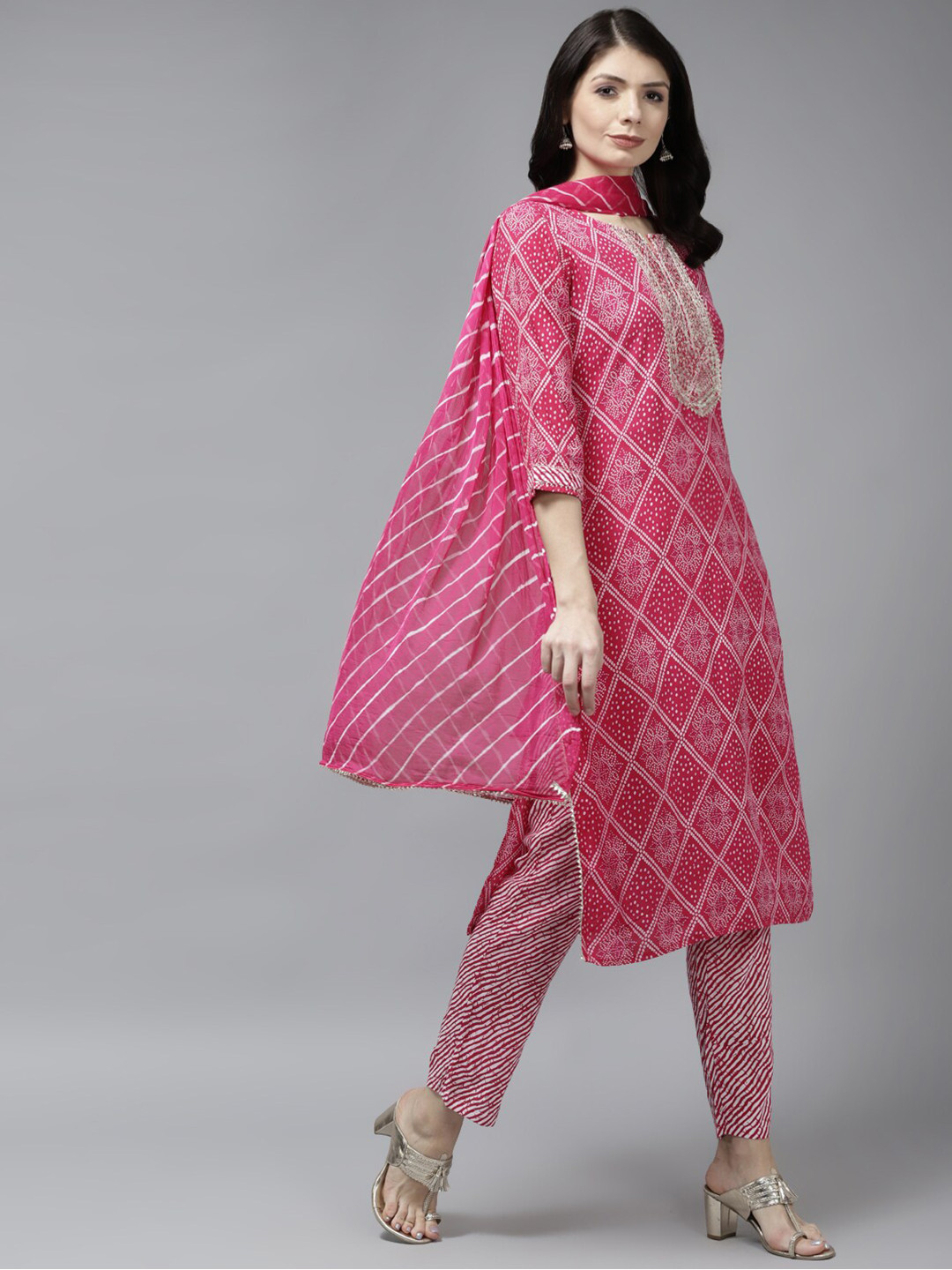 

Yufta Women Bandhani Printed Zari Work Pure Cotton Kurta With Trousers & Dupatta, Pink