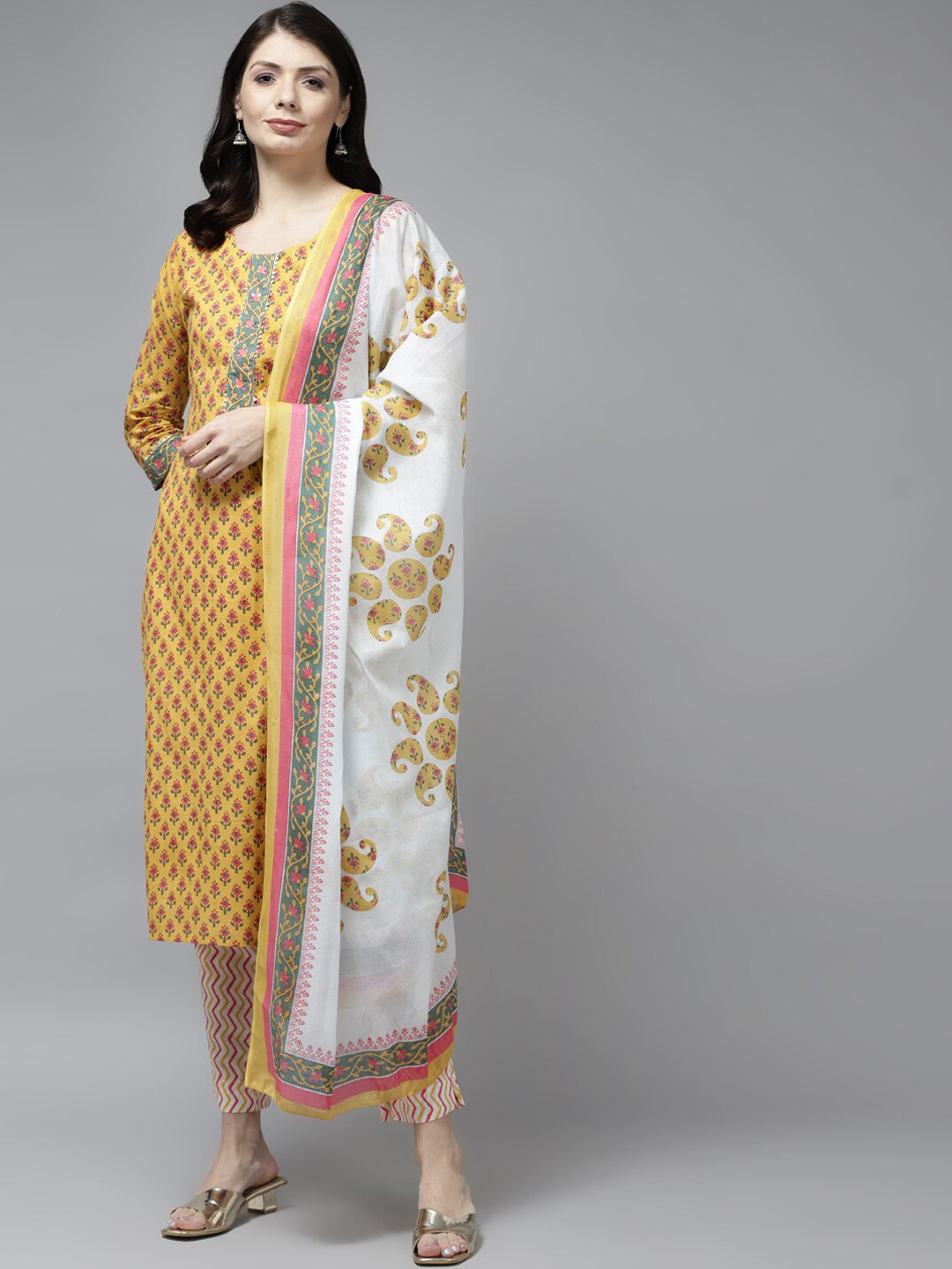 

Yufta Women Floral Printed Pure Cotton Kurta with Trousers & Dupatta, Mustard