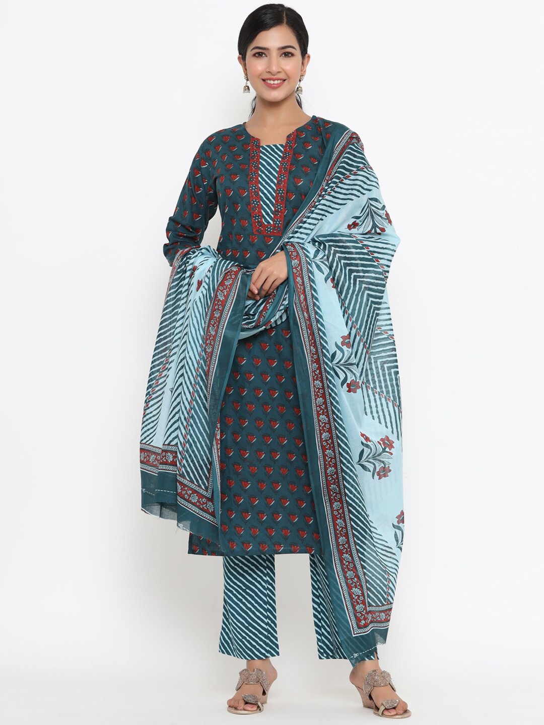 

Yufta Women Ethnic Motifs Printed Pure Cotton Kurta with Trousers & Dupatta, Teal