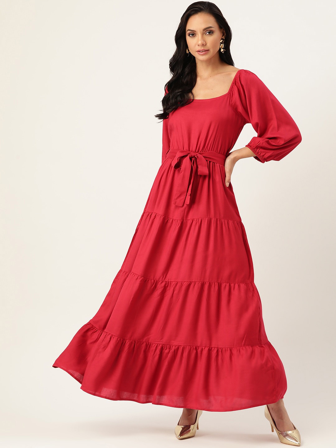 

The Vanca Square Neck Puff Sleeves Tiered Maxi Dress, Maroon