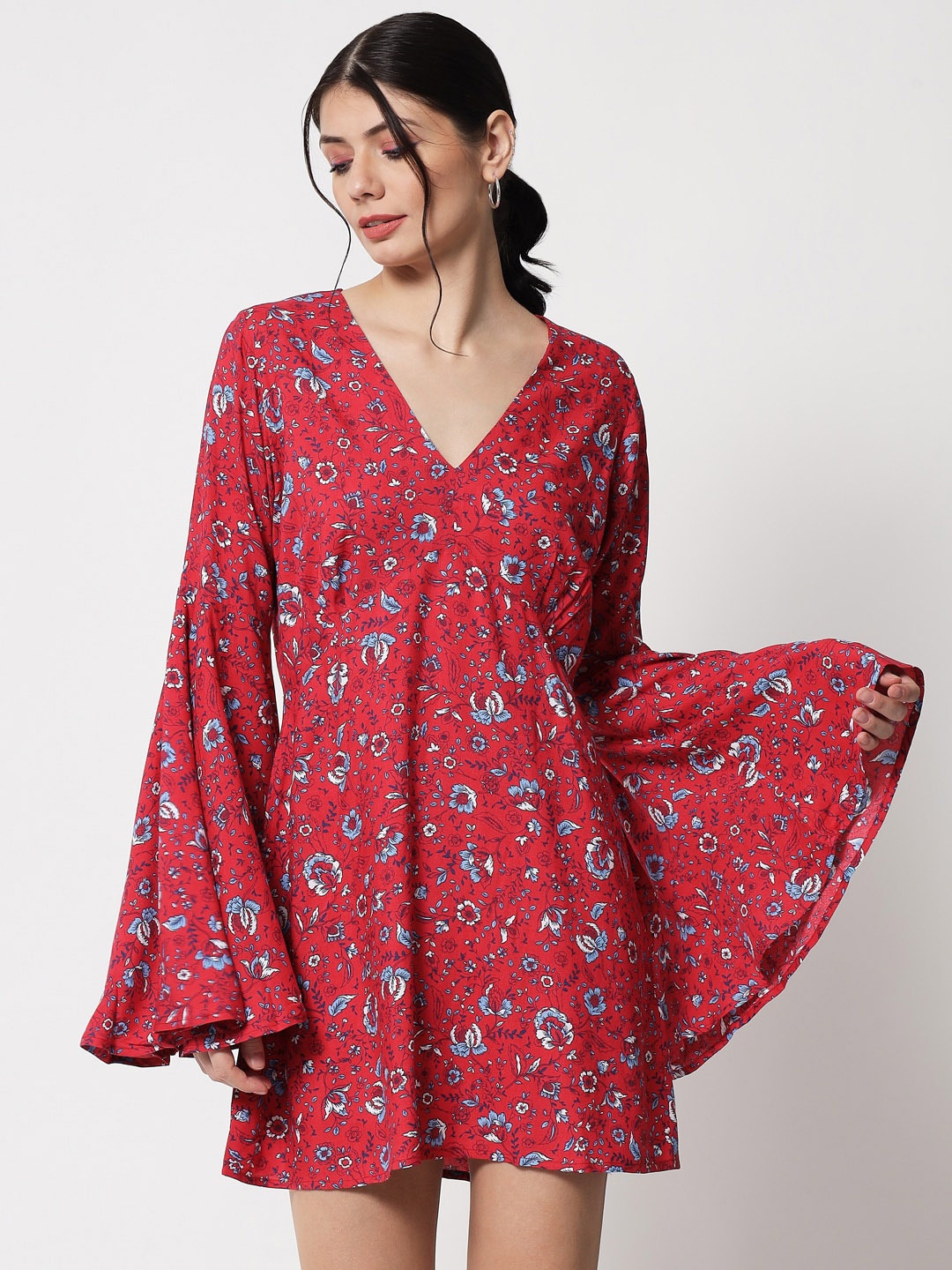 

The Vanca Floral Printed V-Neck Bell Sleeves Mini Empire Dress, Coral