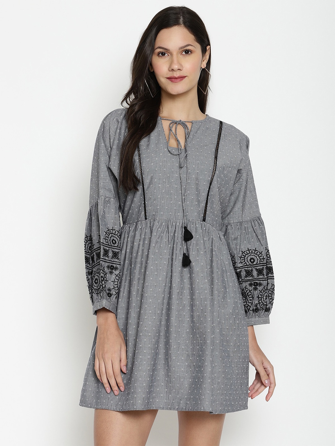 

The Vanca Ethnic Motifs Tie-Up Neck Cotton Mini Dress, Grey