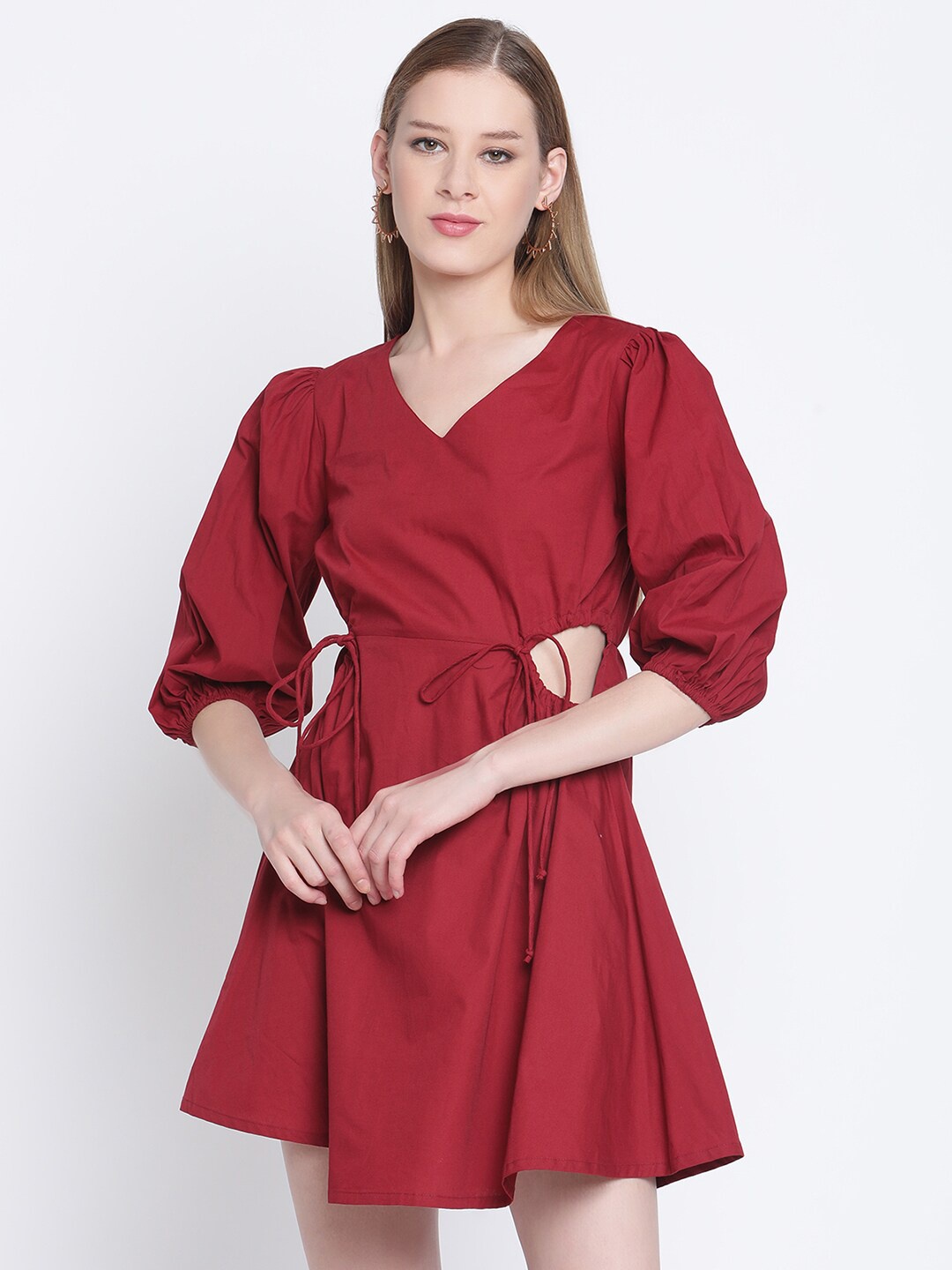 

The Vanca V Neck Puff sleeve Fit And Flare Cotton Mini Dress, Red
