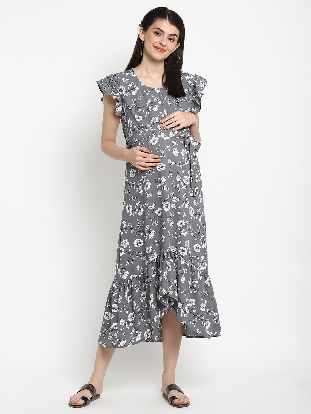 

The Vanca Grey Floral Maternity A-Line Midi Dress