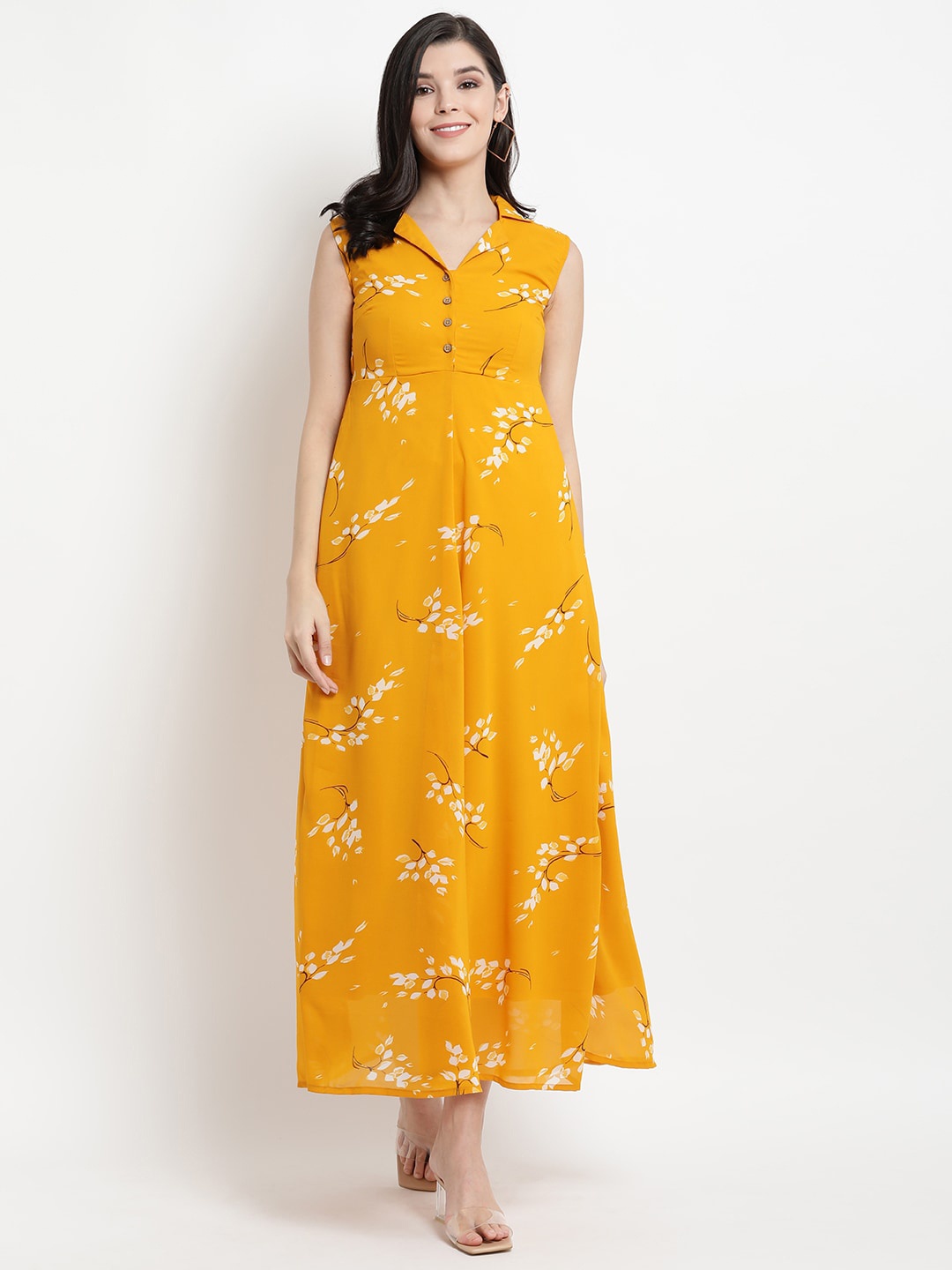 

The Vanca Sleeveless Shirt Collar Floral Printed Empire Dress, Yellow