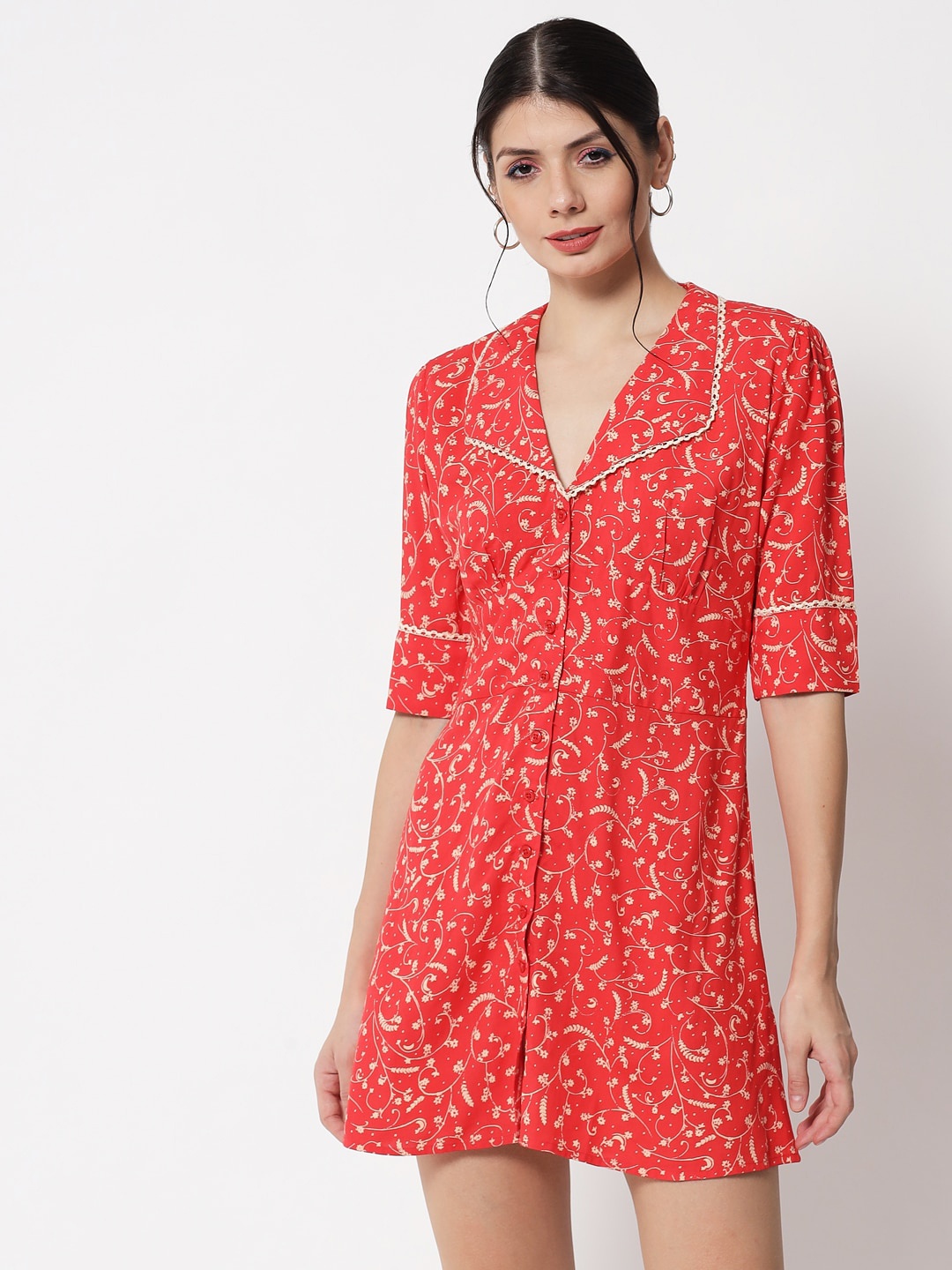 

The Vanca Floral Printed Cotton Mini Shirt Dress, Red