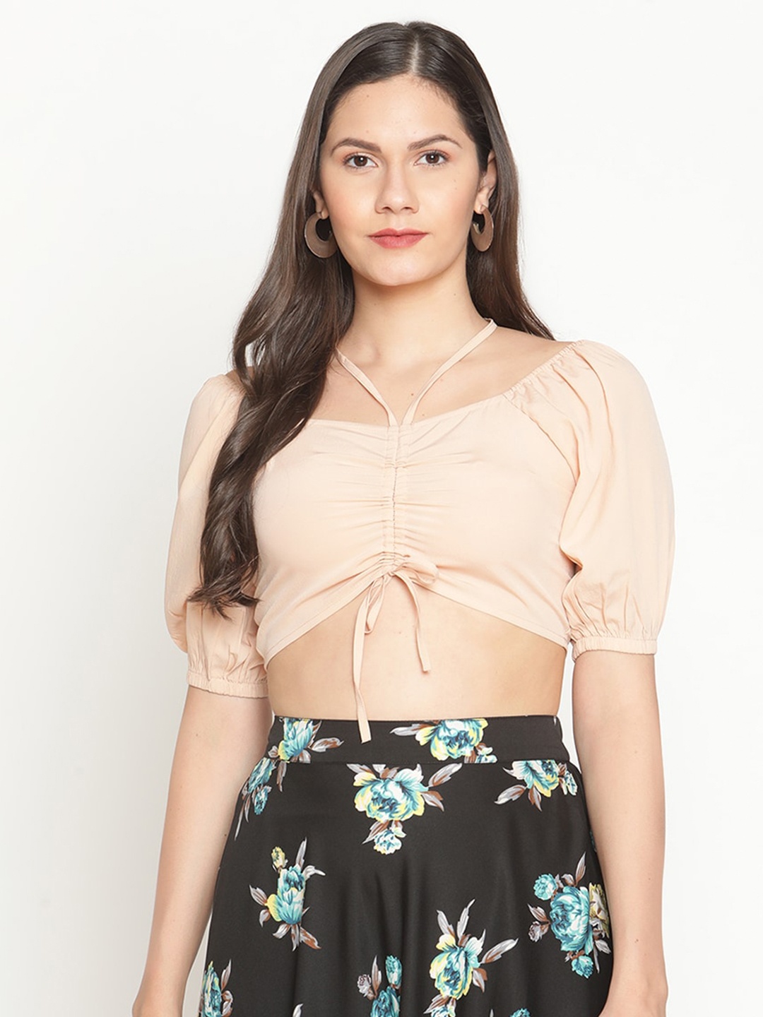 

The Vanca Puffed Sleeves Crop Fitted Top, Beige