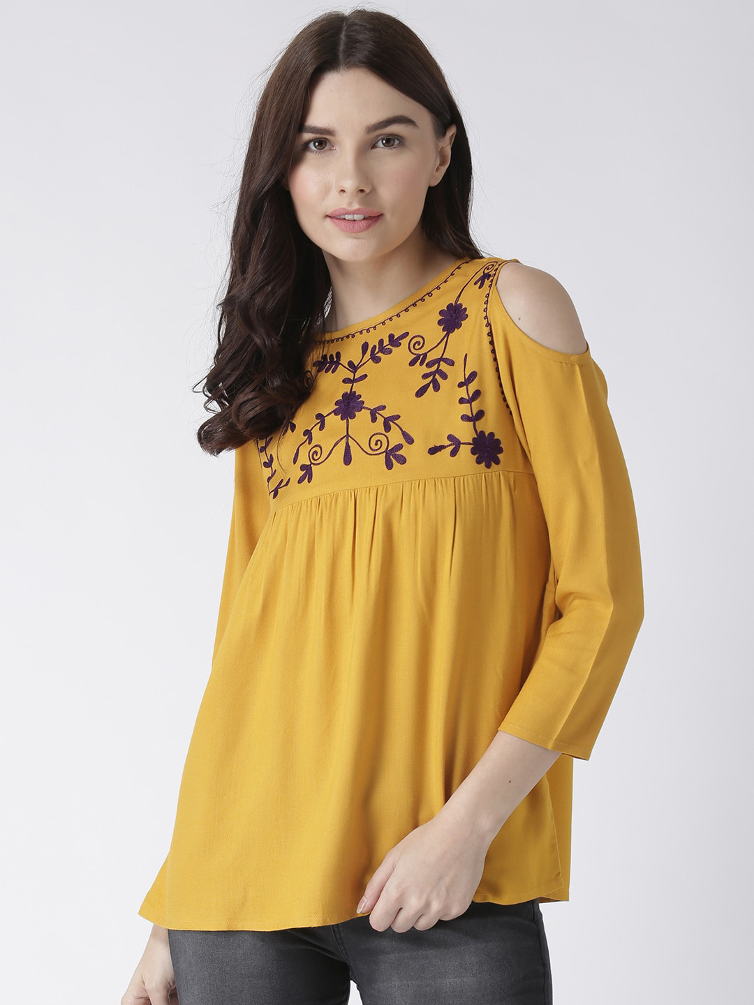 

The Vanca Floral Embroidered Cold-Shoulder Sleeves Top, Yellow
