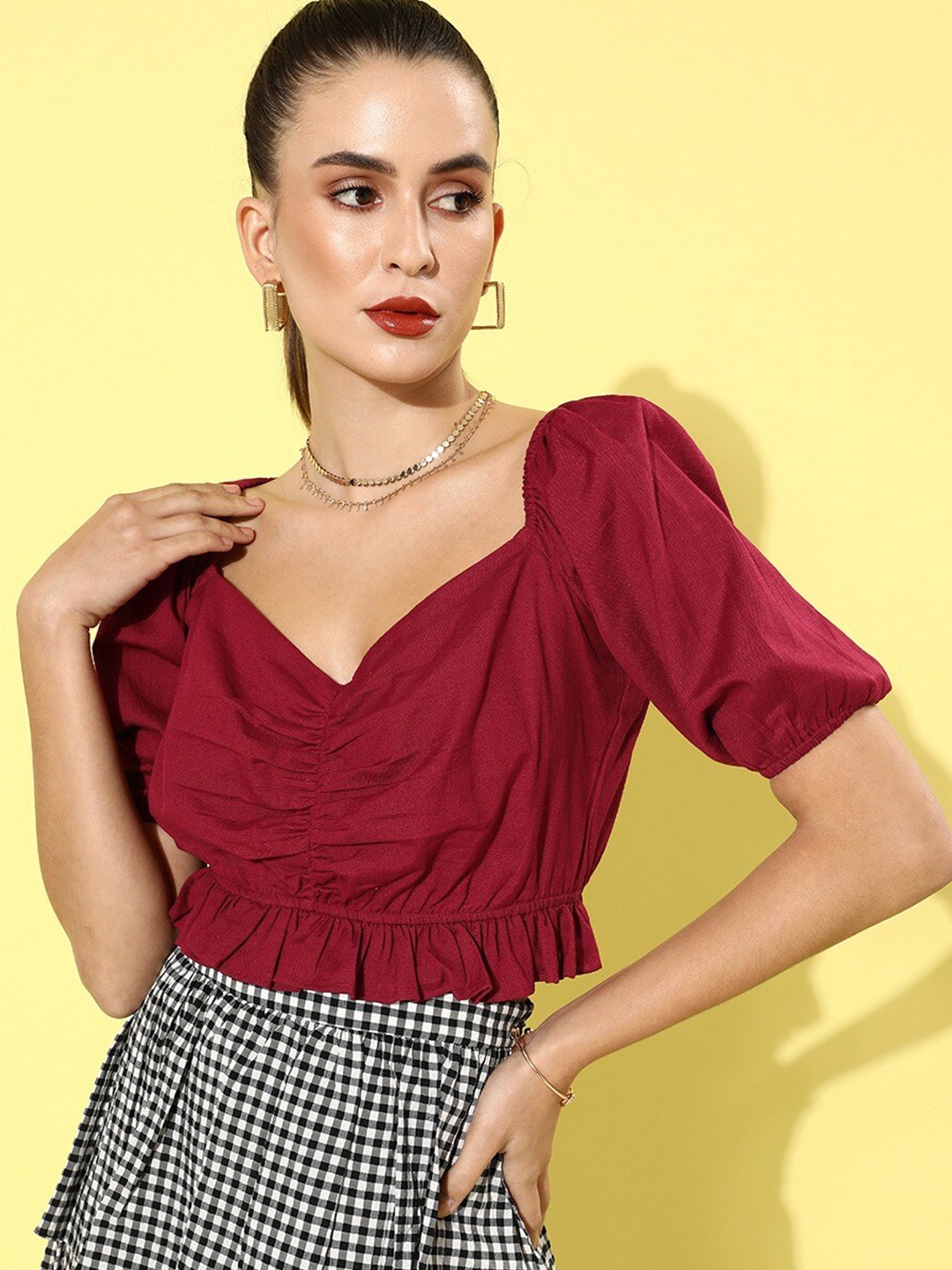

The Vanca Square Neck Cinched Waist Cotton Top, Maroon