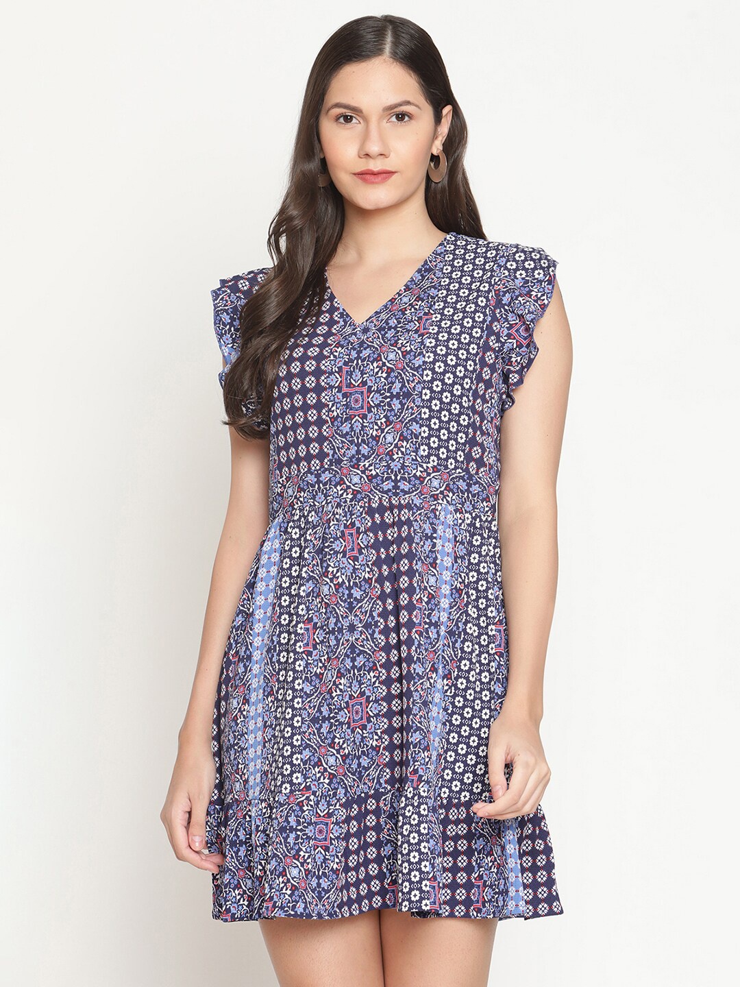 

The Vanca Floral Printed V-Neck Flutter Sleeves Mini Fit & Flare Dress, Blue
