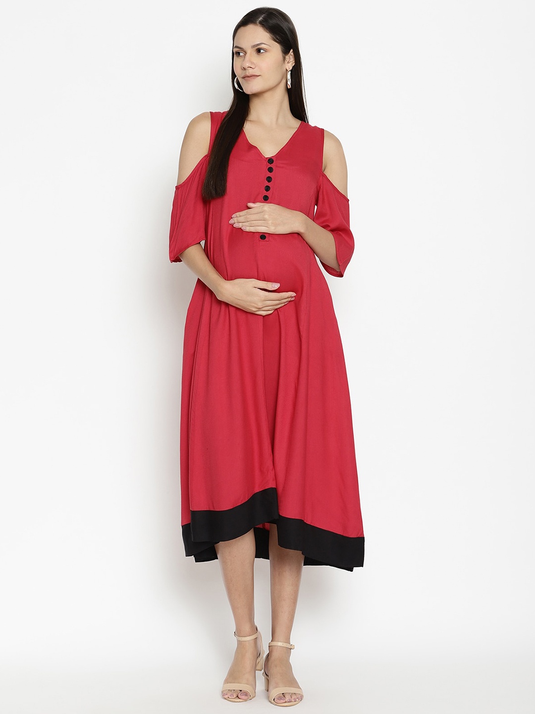 

The Vanca Cold-Shoulder Sleeves Maternity Midi Dress, Red