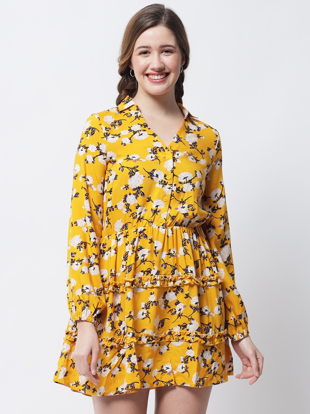 

The Vanca Floral Printed Shirt Collar A-Line Dress, Yellow