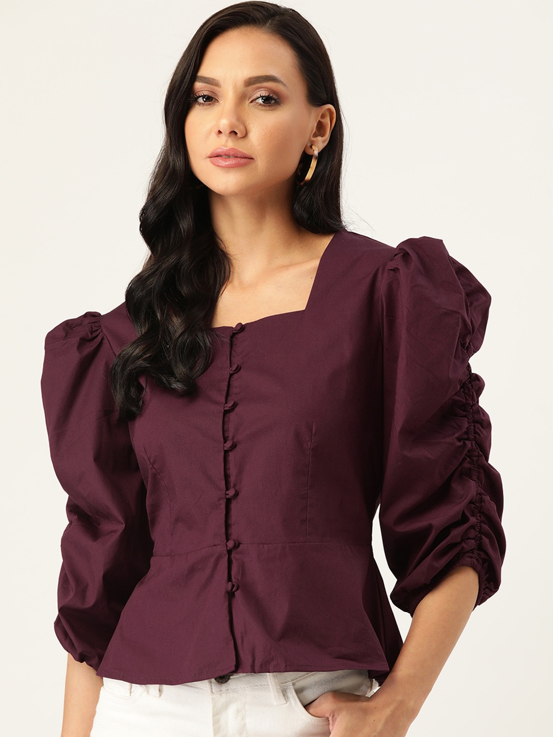 

The Vanca Square Neck Puffed Sleeves Cotton Top, Burgundy