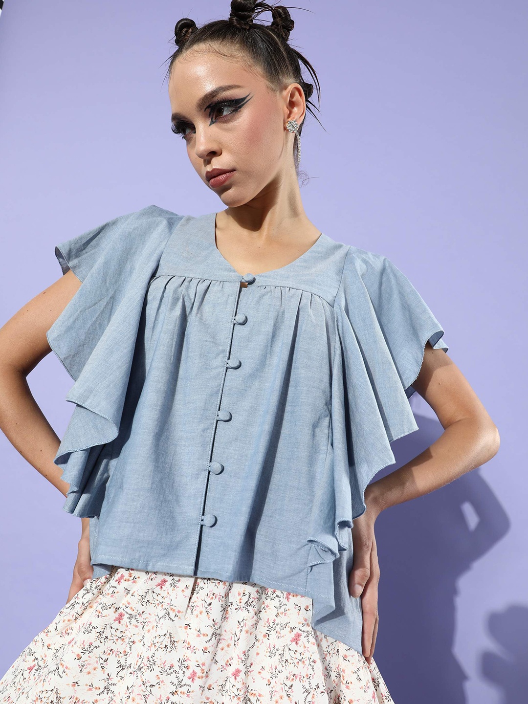 

The Vanca Flared Sleeves Regular Cotton Top, Blue