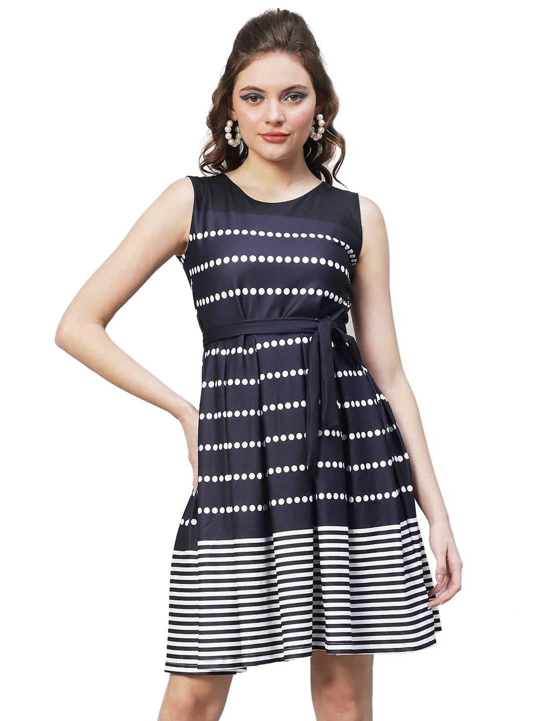 

eshami Stripes Printed A-Line Midi Dress, Blue