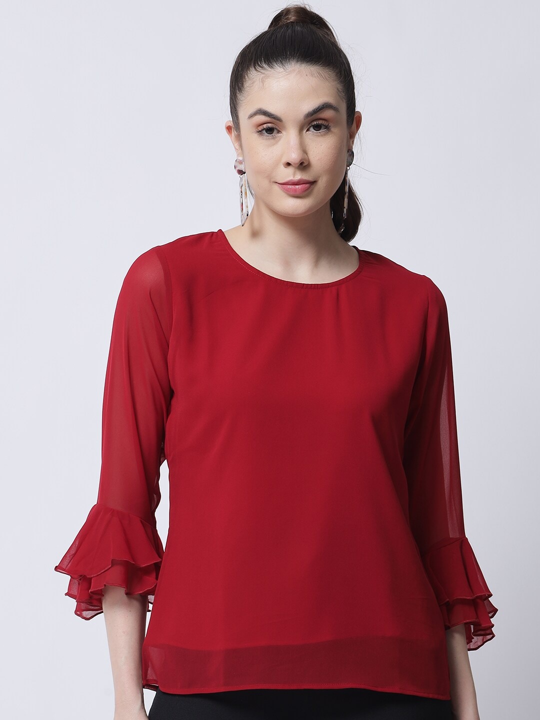 

MARC LOUIS Round Neck Bell Sleeves Top, Maroon