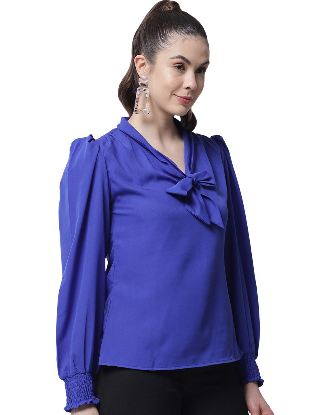 

MARC LOUIS Tie-Up Neck Cuffed Sleeves Top, Blue