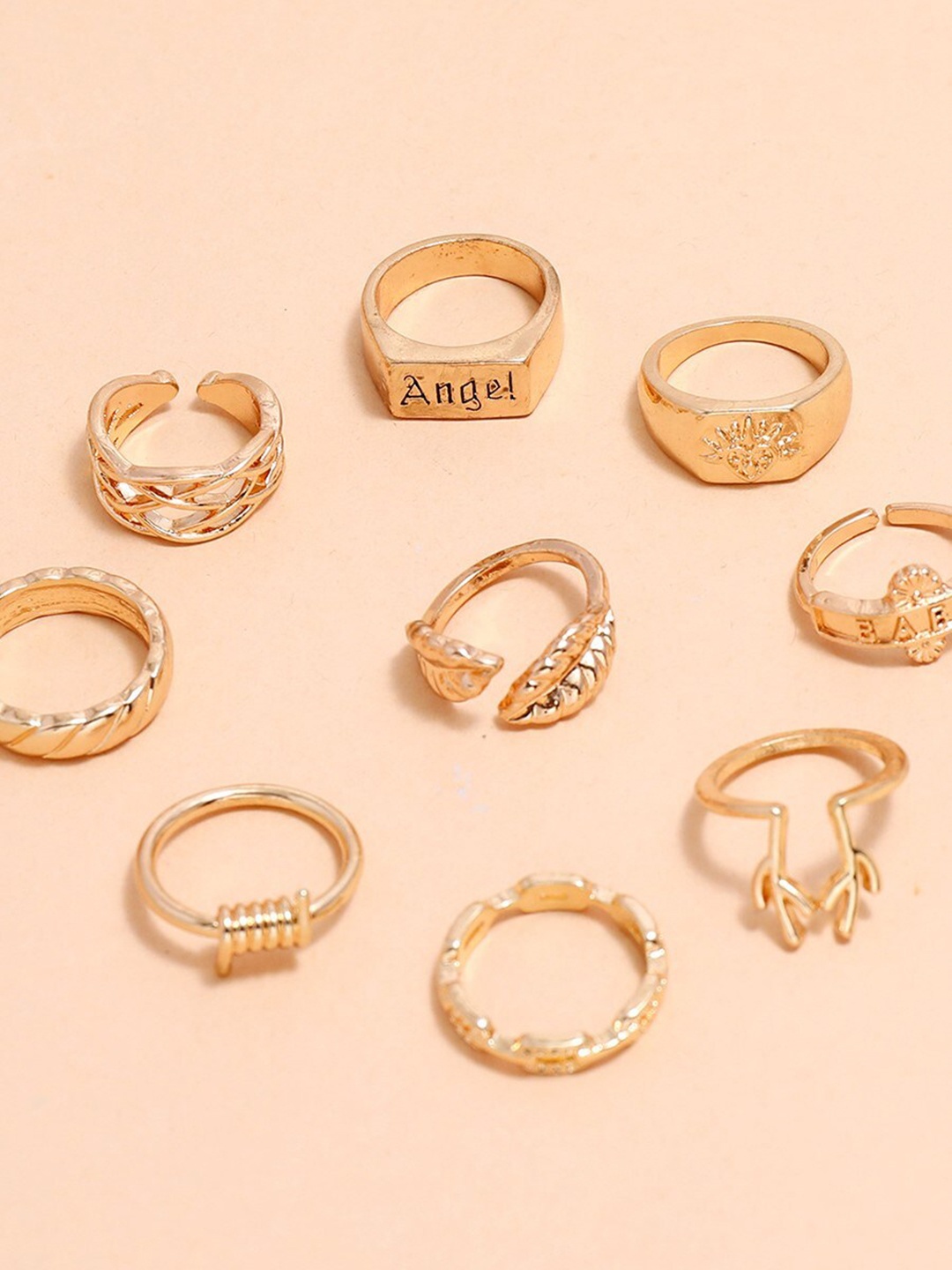 

THESTO Set Of 10 Brass-Plated Finger Rings, Rose gold