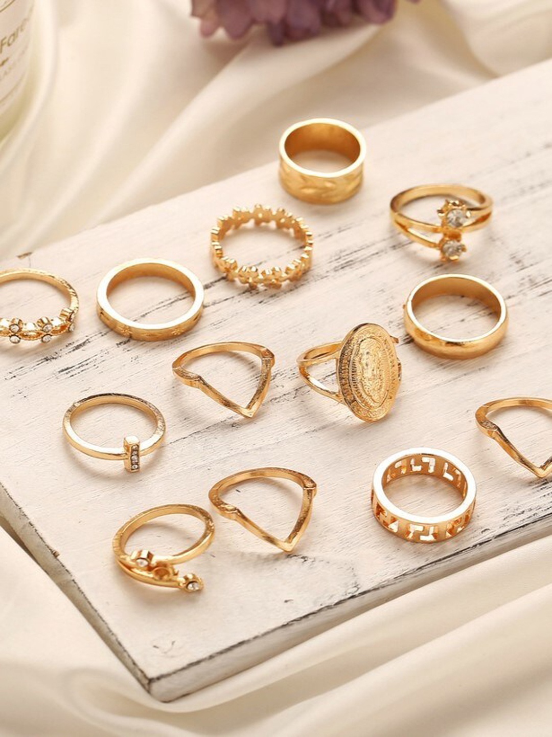 

THESTO Set Of 13 Brass-Plated Stone-Studded Adjustable Finger Ring, Gold