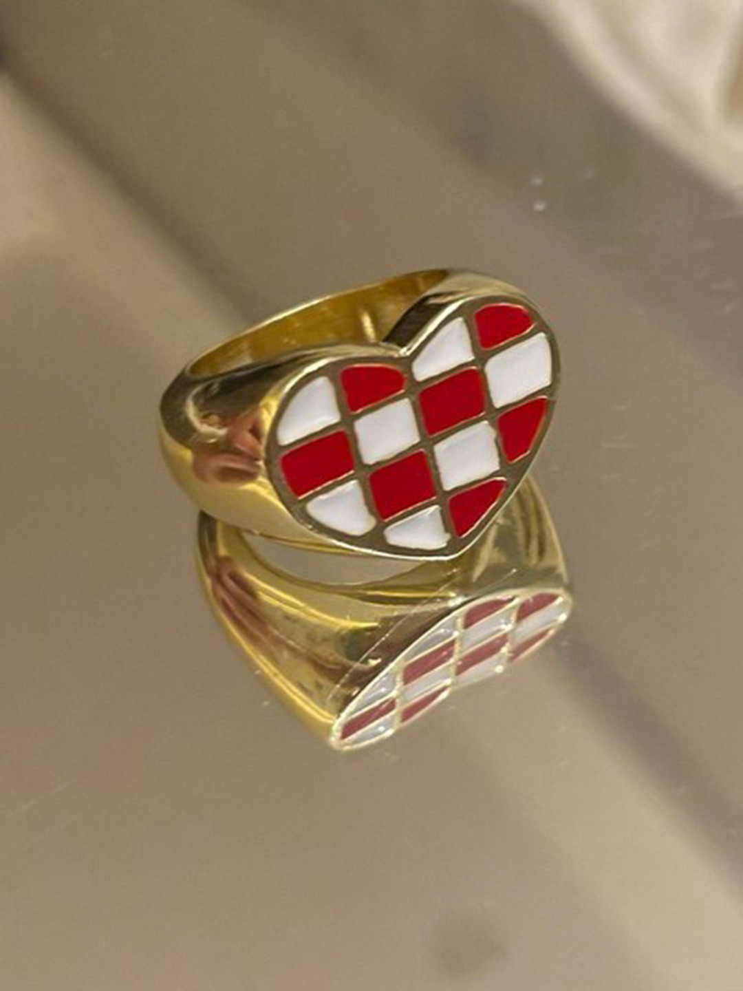 

THESTO Brass-Plated Heart Design Enameled Finger Ring, Gold