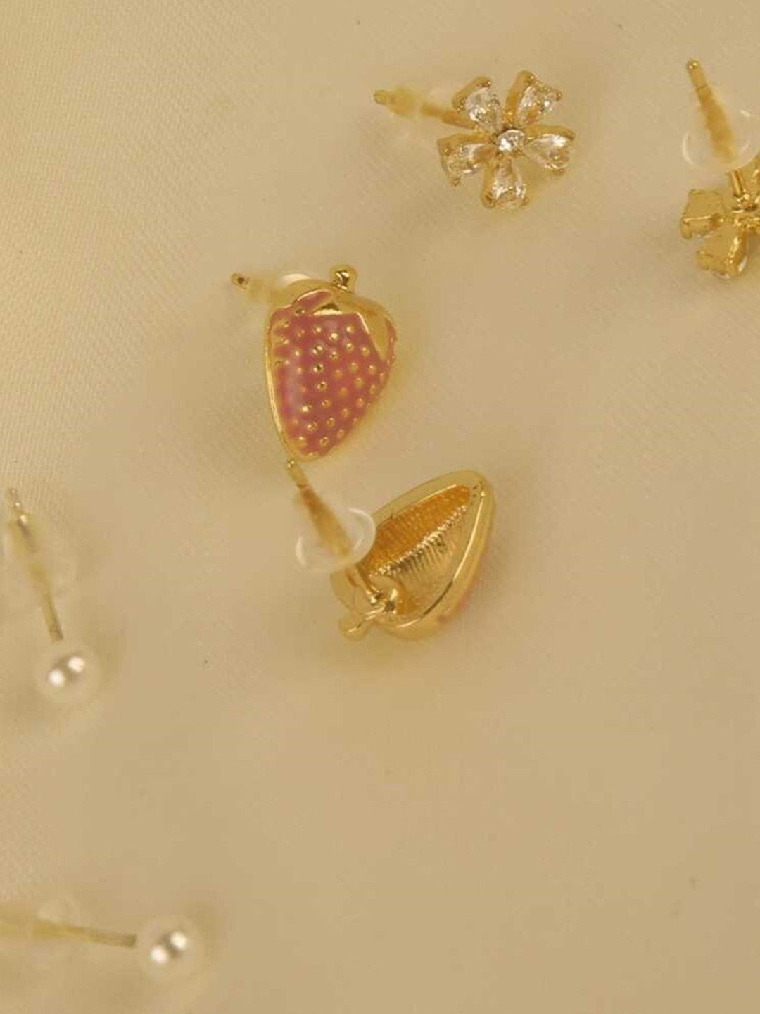 

THESTO Set Of 3 Gold-Plated Stone Studded Contemporary Studs Earrings, Pink