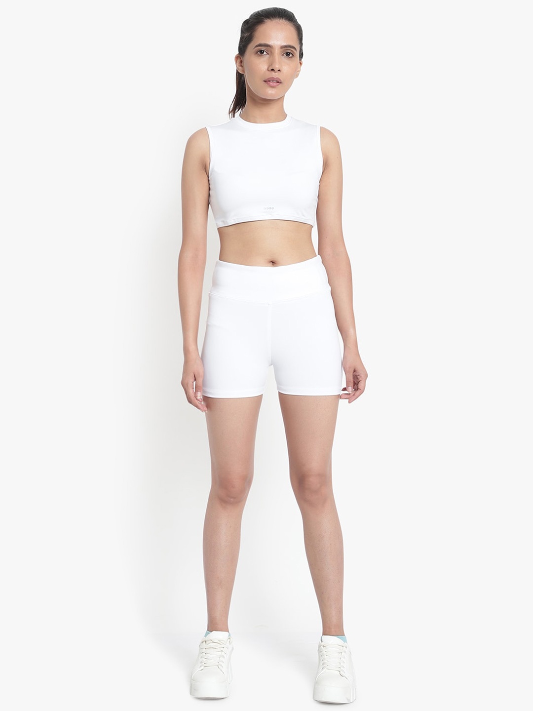 

Wearjukebox Women Sports Crop Top with Shorts Set, White