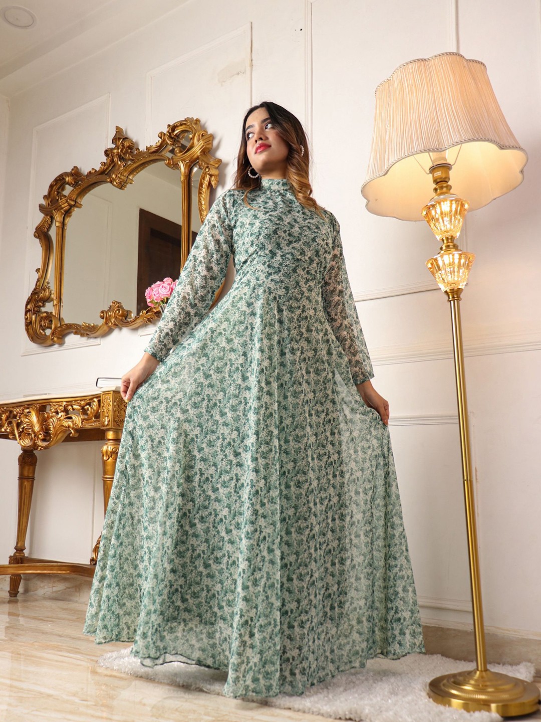 

Virah Fashion Floral Georgette Fit And Flare Maxi Dress, Green