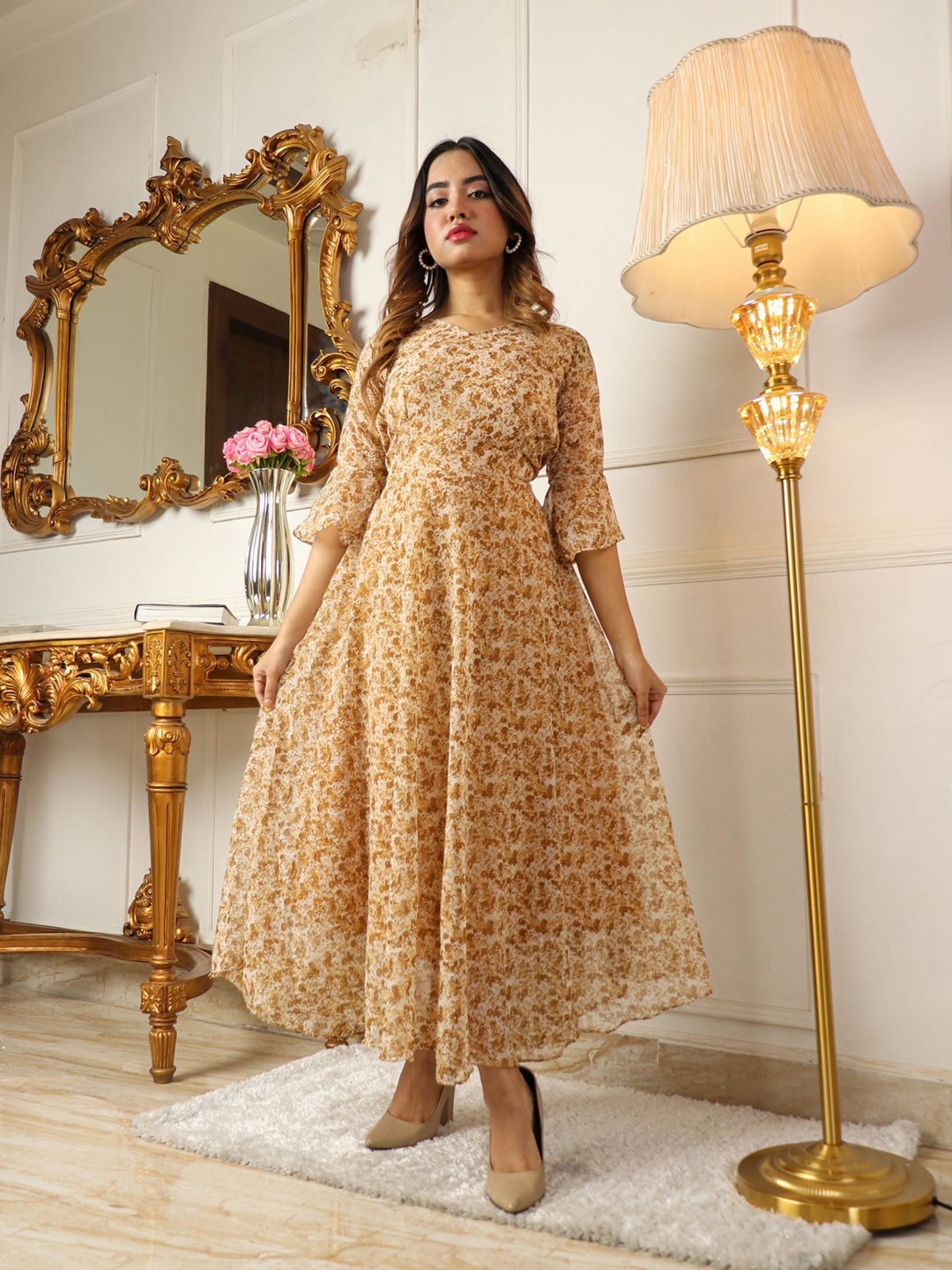 

Virah Fashion Floral Georgette Maxi Dress, Beige