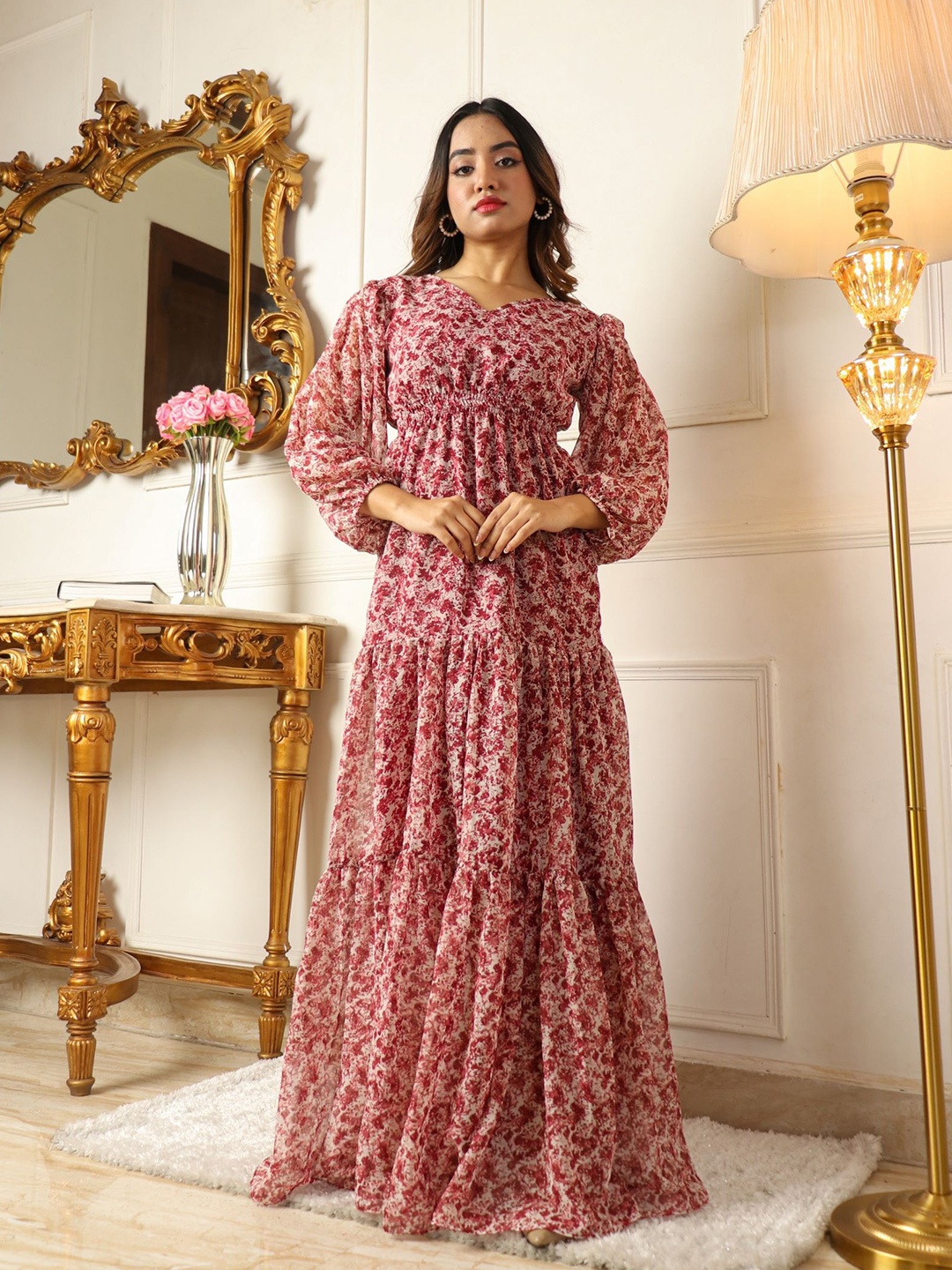 

Virah Fashion Floral Georgette Fit & Flare Tiered Maxi Dress, Red