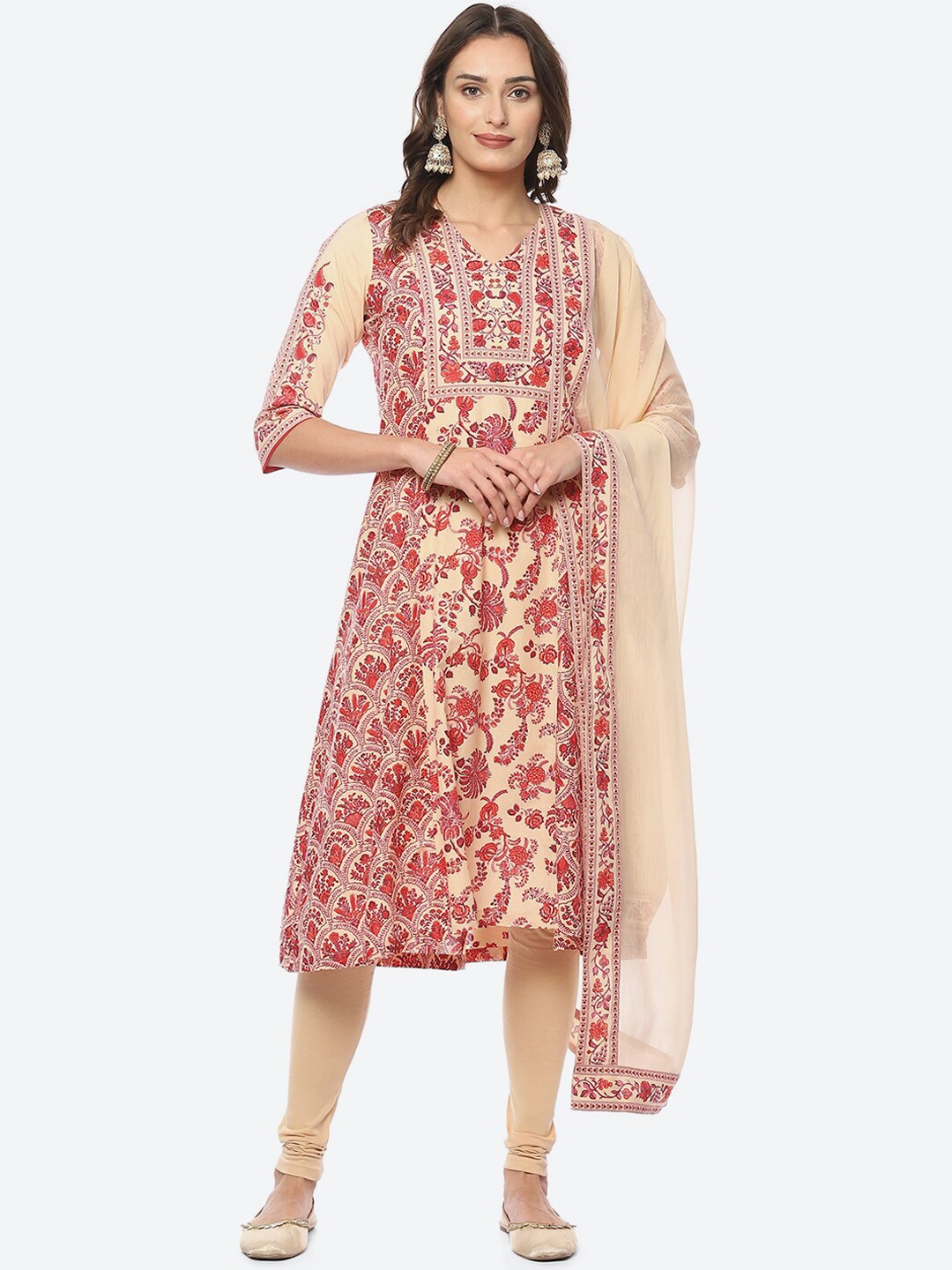 

Biba Women Floral Printed V-Neck Kurta With Leggings With Dupatta, Beige