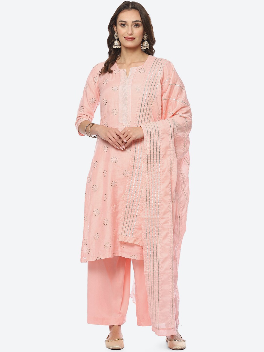 

Biba Women Embroidered Notch Neck Thread Work Straight Kurta with Palazzos & Dupatta, Pink