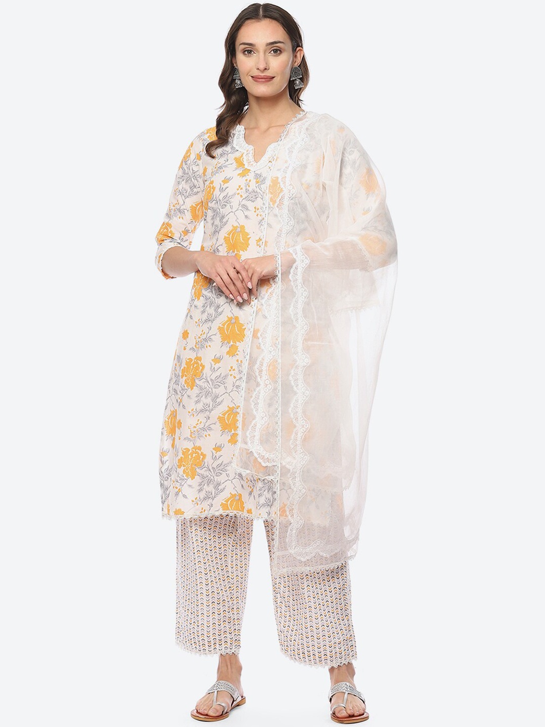 

Biba Women Floral Printed V Neck Kurta with Palazzos & Dupatta, Beige