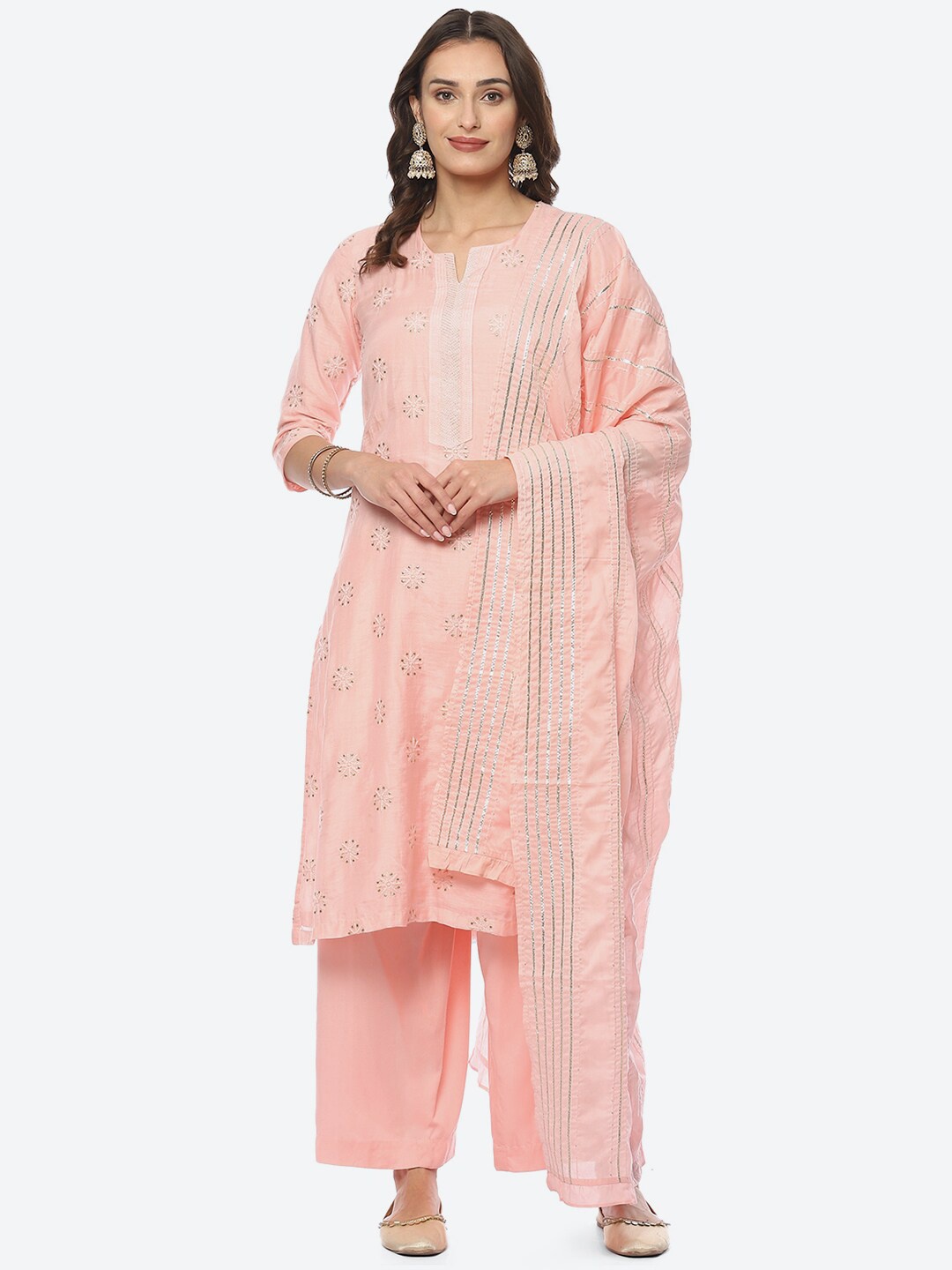 

Biba Floral Embroidered Thread Work Chanderi Silk Kurta with Palazzos & Dupatta, Pink