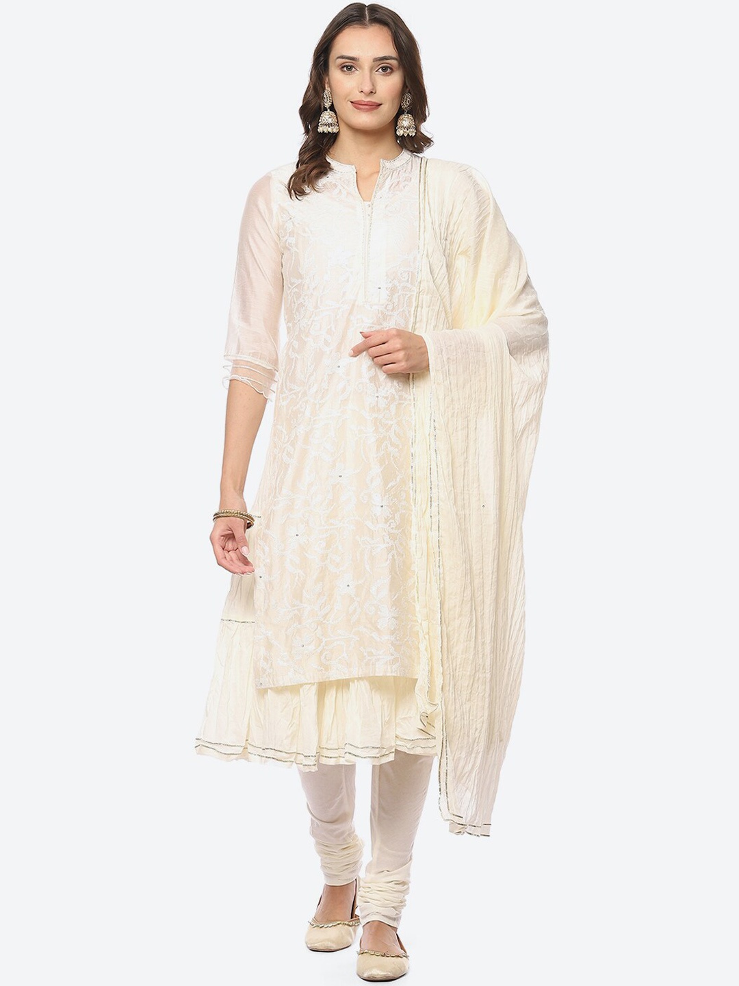 

Biba Floral Layered Thread Work Kurta with Churidar & Dupatta, Off white