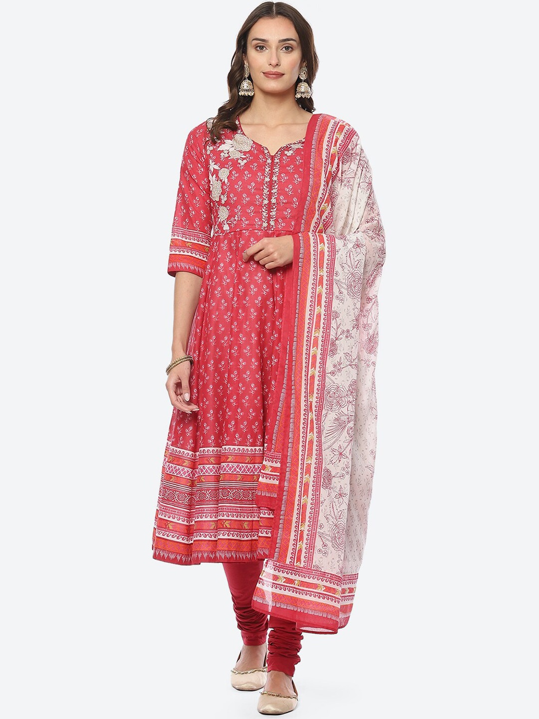 

Biba Women Plus Size Floral Printed Empire Kurta With Churidar & Dupatta, Red