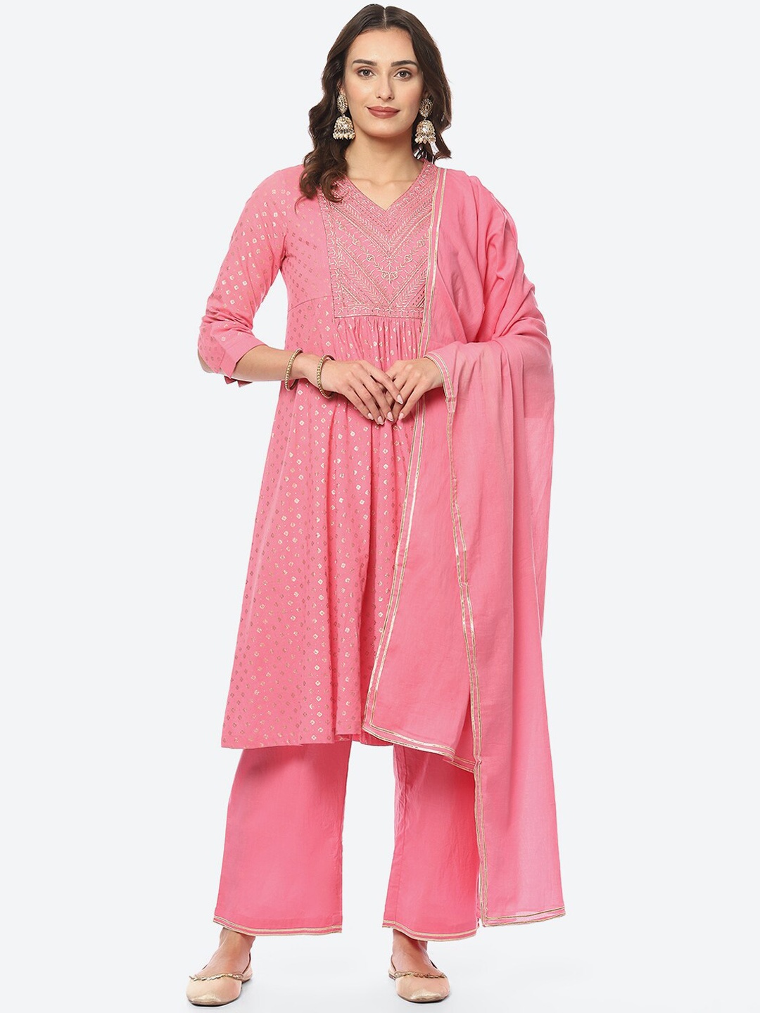 

Biba Women Ethnic Motifs Printed Zari Work Kurta With Palazzos & Dupatta, Pink