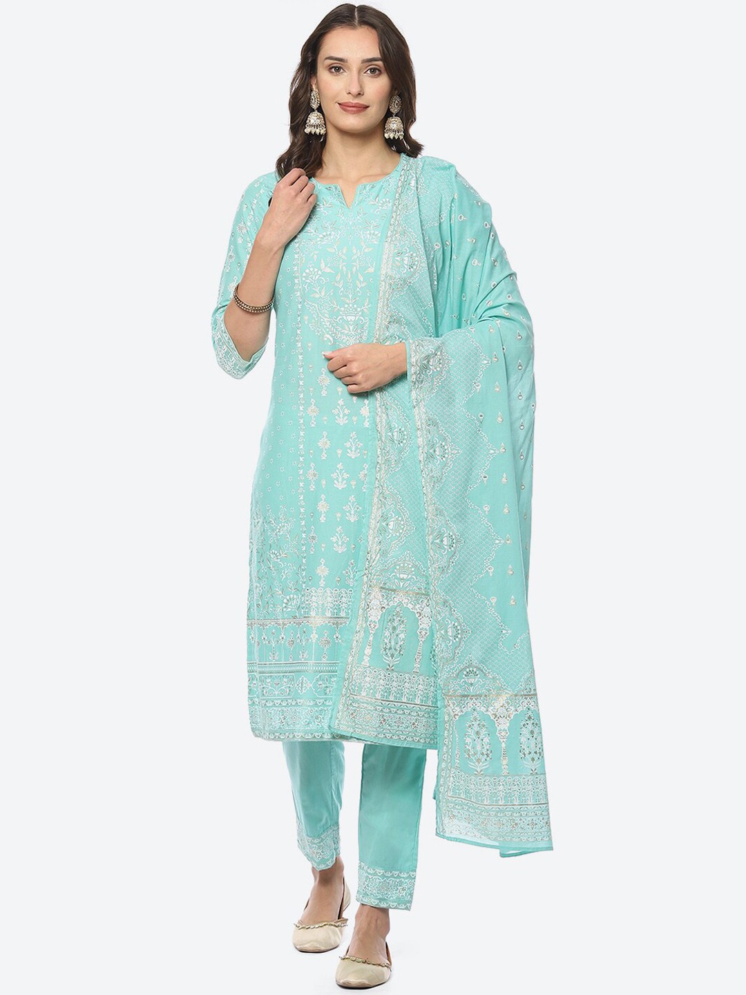 

Biba Women Plus size Floral Printed Kurta with Trousers & Dupatta, Turquoise blue