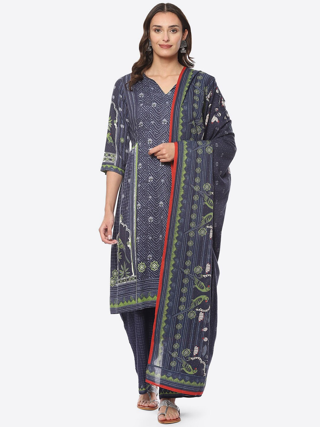 

Biba Women Floral Printed Kurta With Palazzos & Dupatta, Blue