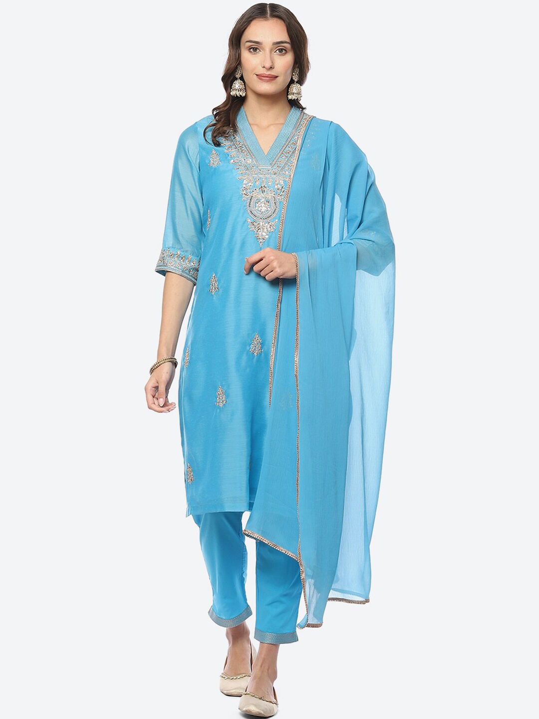

Biba Women Plus Size Ethnic Motifs Embroidered Kurta With Trousers & Dupatta, Blue
