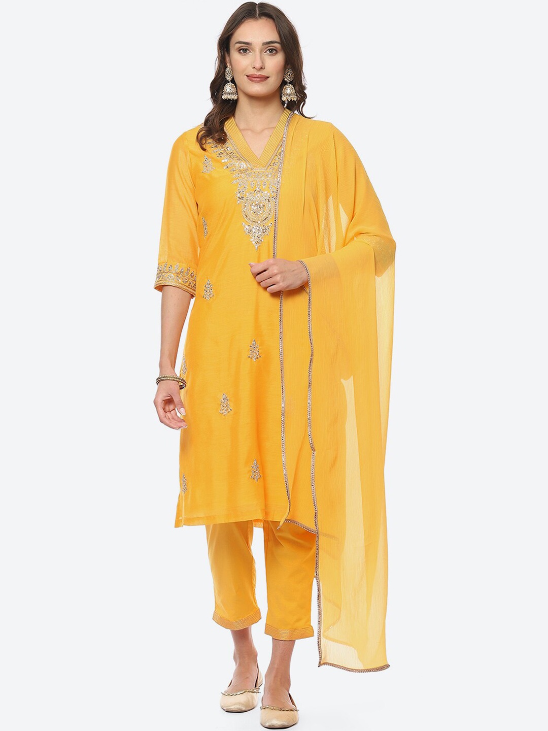 

Biba Women Ethnic Motifs Embroidered Kurta with Trousers & Dupatta, Yellow
