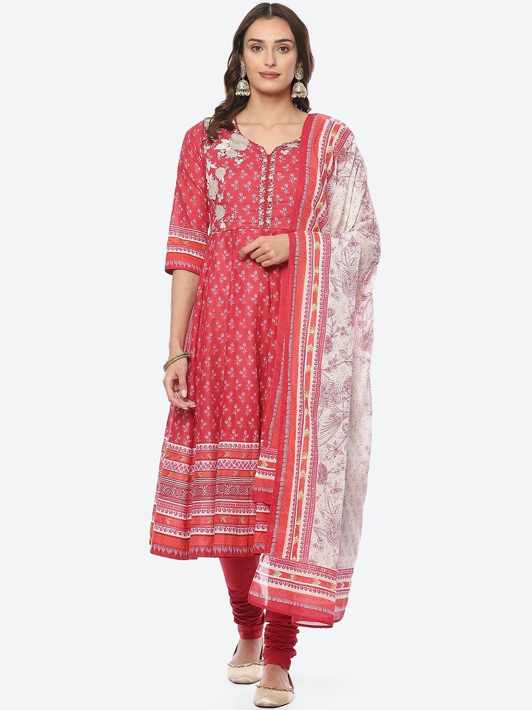 

Biba Women Floral Printed Embroidered Kurta with Churidar & Dupatta, Red