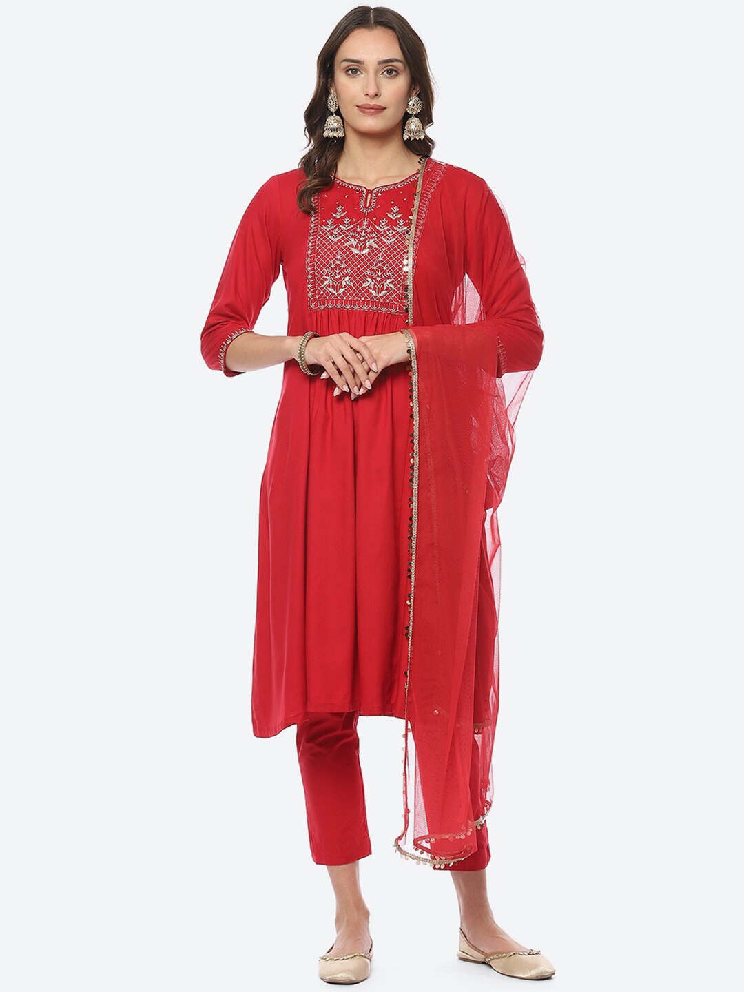 

Biba Women Plus Size Yoke Design Kurta with Trousers & Dupatta, Red