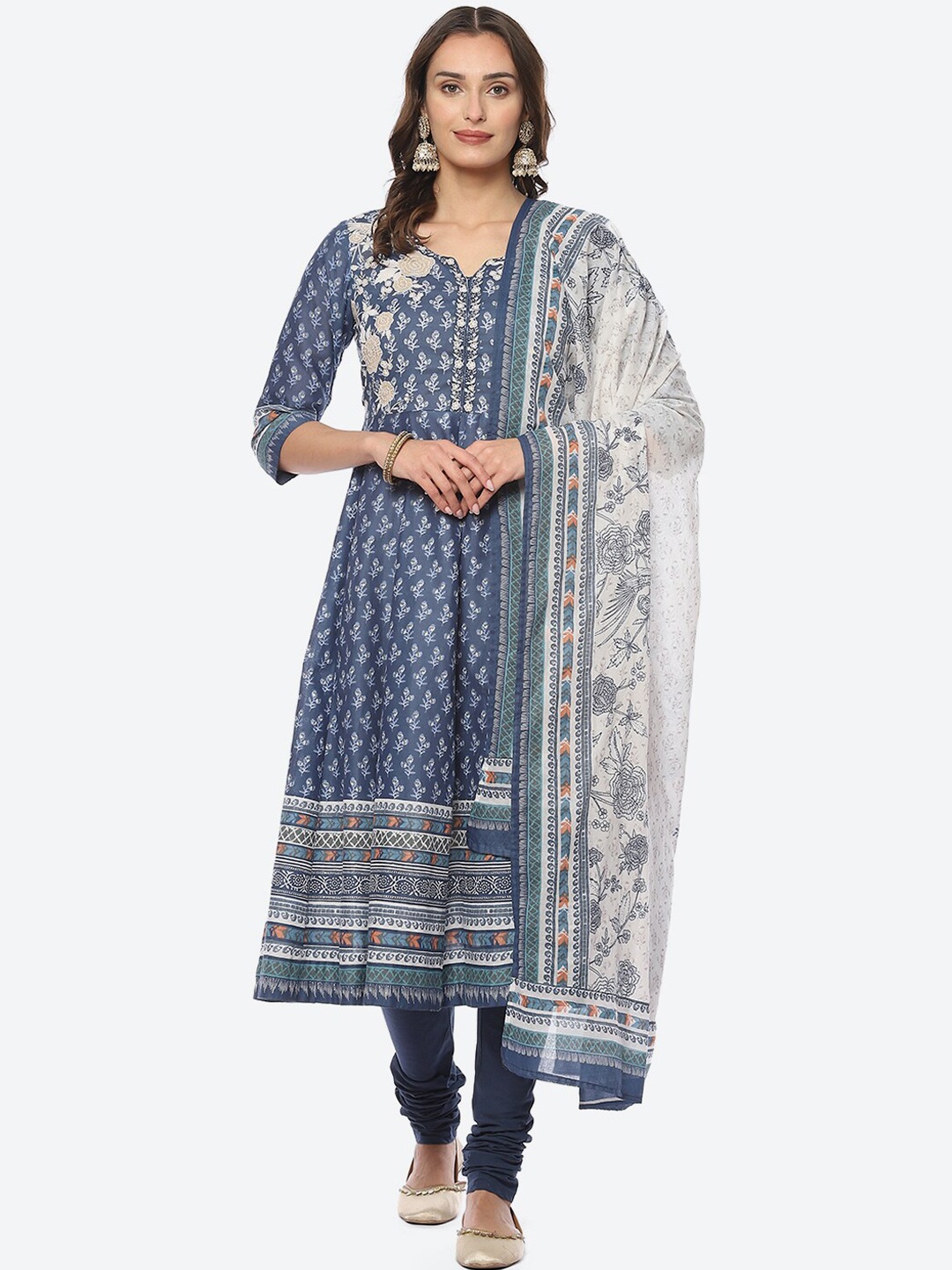 

Biba Women Plus Size Floral Printed Empire Kurta with Churidar & Dupatta, Blue